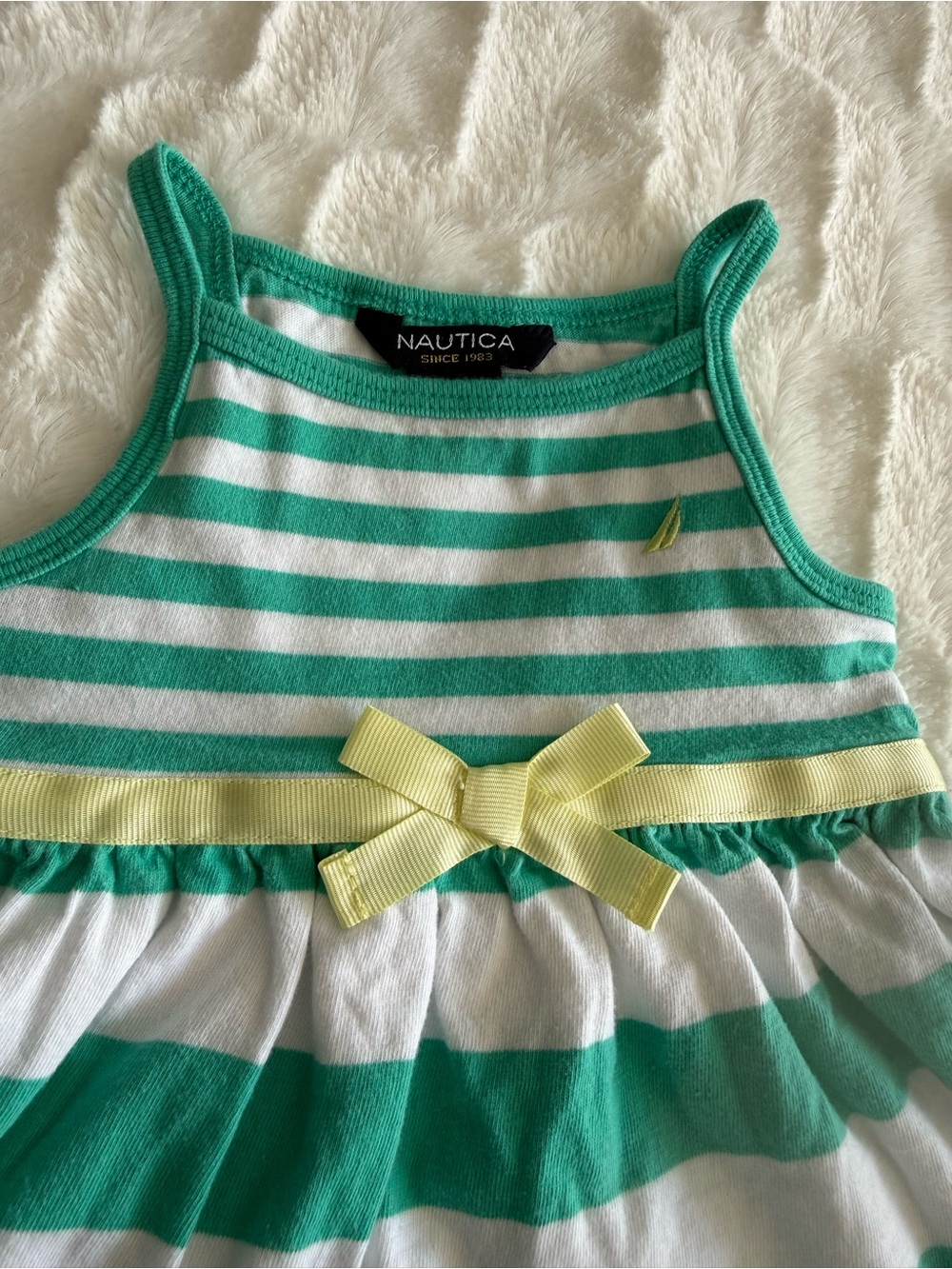 Nautica Green & White Striped Baby Dress with Yellow Bow and Matching Bloomers - Picture 2 of 3